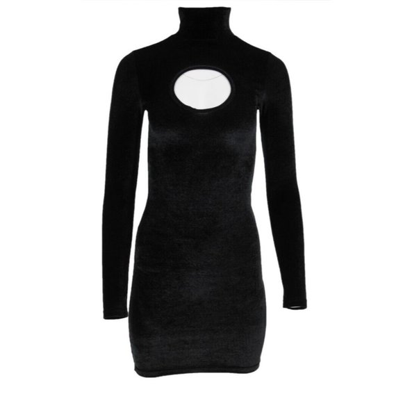 Vetements Womens Cut Out Mini Dress Small Black Stretch Velvet Mock Neck Demna